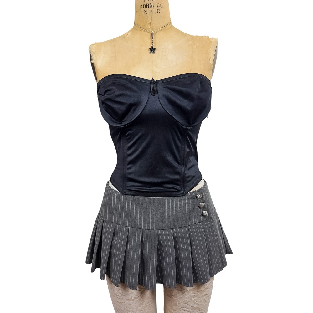 Goth Vintage Black Satin Corset Boned 38C Dark Romantic Bustier Top